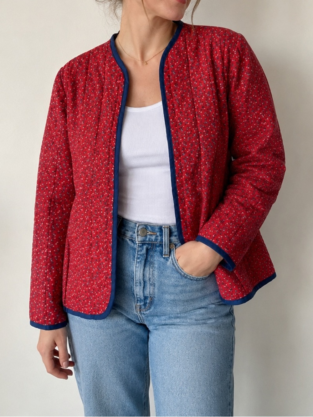 Vintage 70’s Fritzi of California Quilted Jacket Red and Blue Calico Floral M
